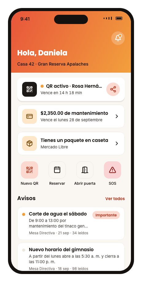 La pantalla de inicio de un residente en Neibry Crib
